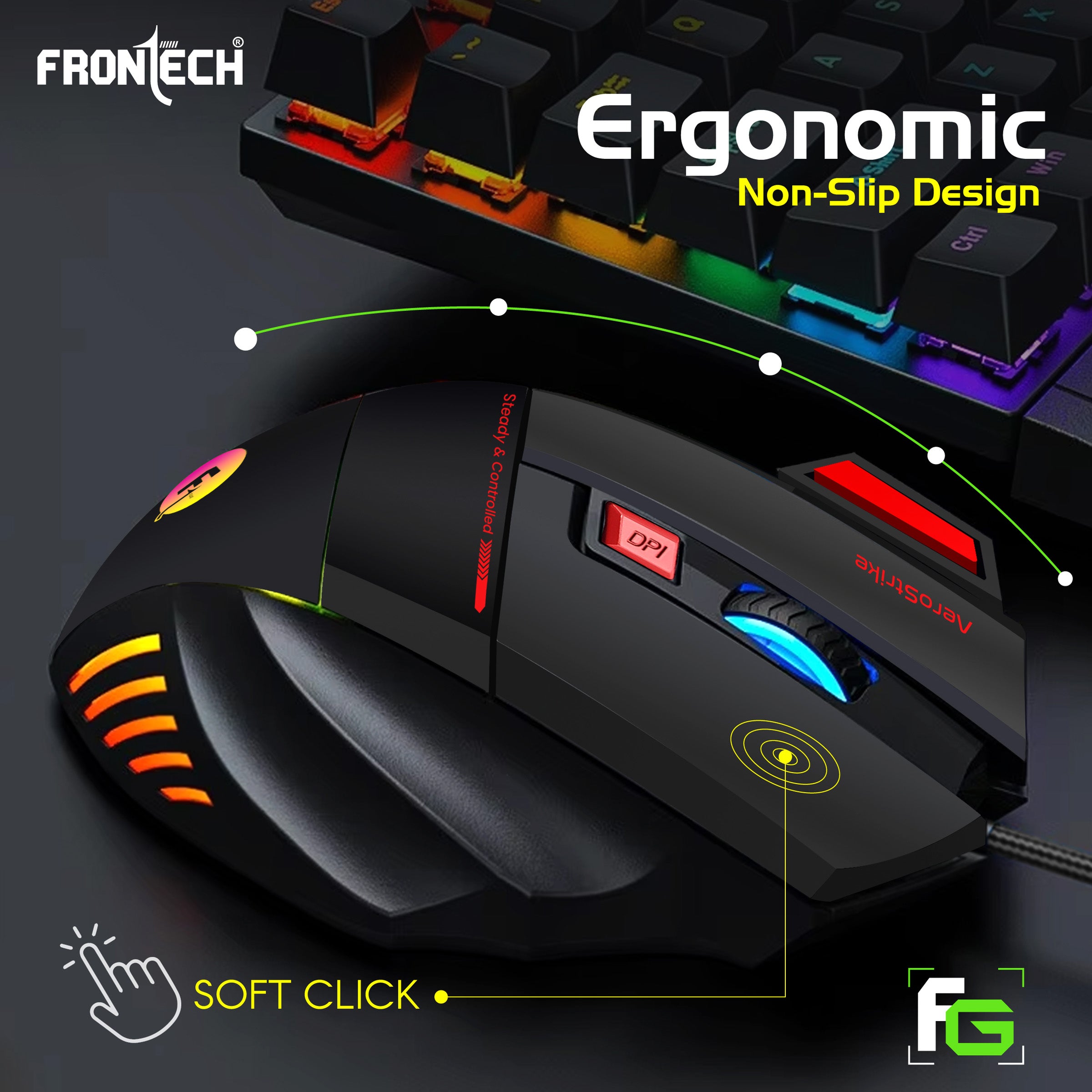 Frontech AeroStrike USB Wired Gaming Mouse with Upto 7200 DPI Gaming Sensor | 7 Buttons Design | Rainbow Lighting with Breathing Effect | 1.5m Braided Cable (MS-0083) Frontech AeroStrike USB Wired Gaming Mouse with Upto 7200 DPI Gaming Sensor | 7 Buttons Design | Rainbow Lighting with Breathing Effect | 1.5m Braided Cable (MS-0083)